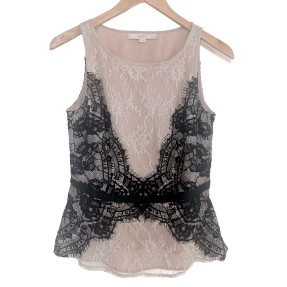 NWOT Ann Taylor LOFT Petites Nude & Black Eyelash Lace Ribbon Tie Peplum Top 4P - Picture 3 of 4